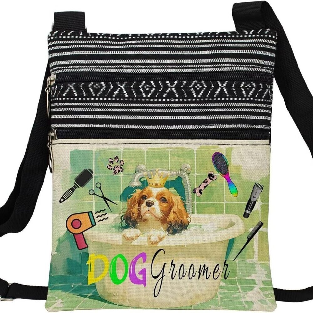 Dog Groomer Crossbody Bag Small Ethnic Pattern Adjustable Strap Zipper
